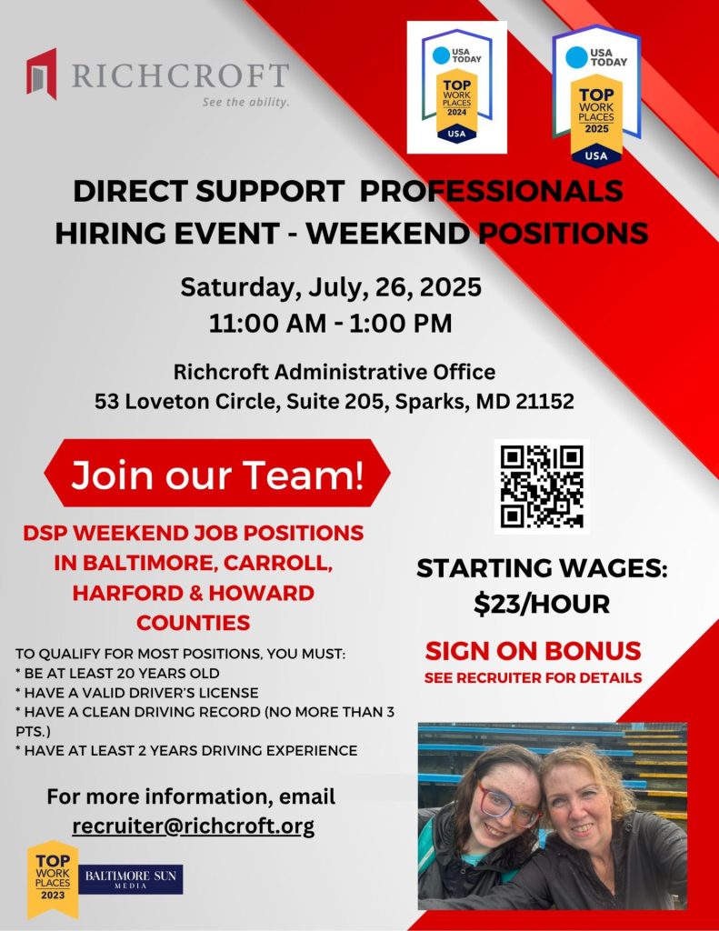 Flyer with information regarding a DSP Hiring Event on July 26, 2025 for weekend positions at Richcroft.