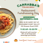 Flyer for restaurant fundraiser at Carrabbas to benefit Richcroft; images of plate of spaghetti and lemons