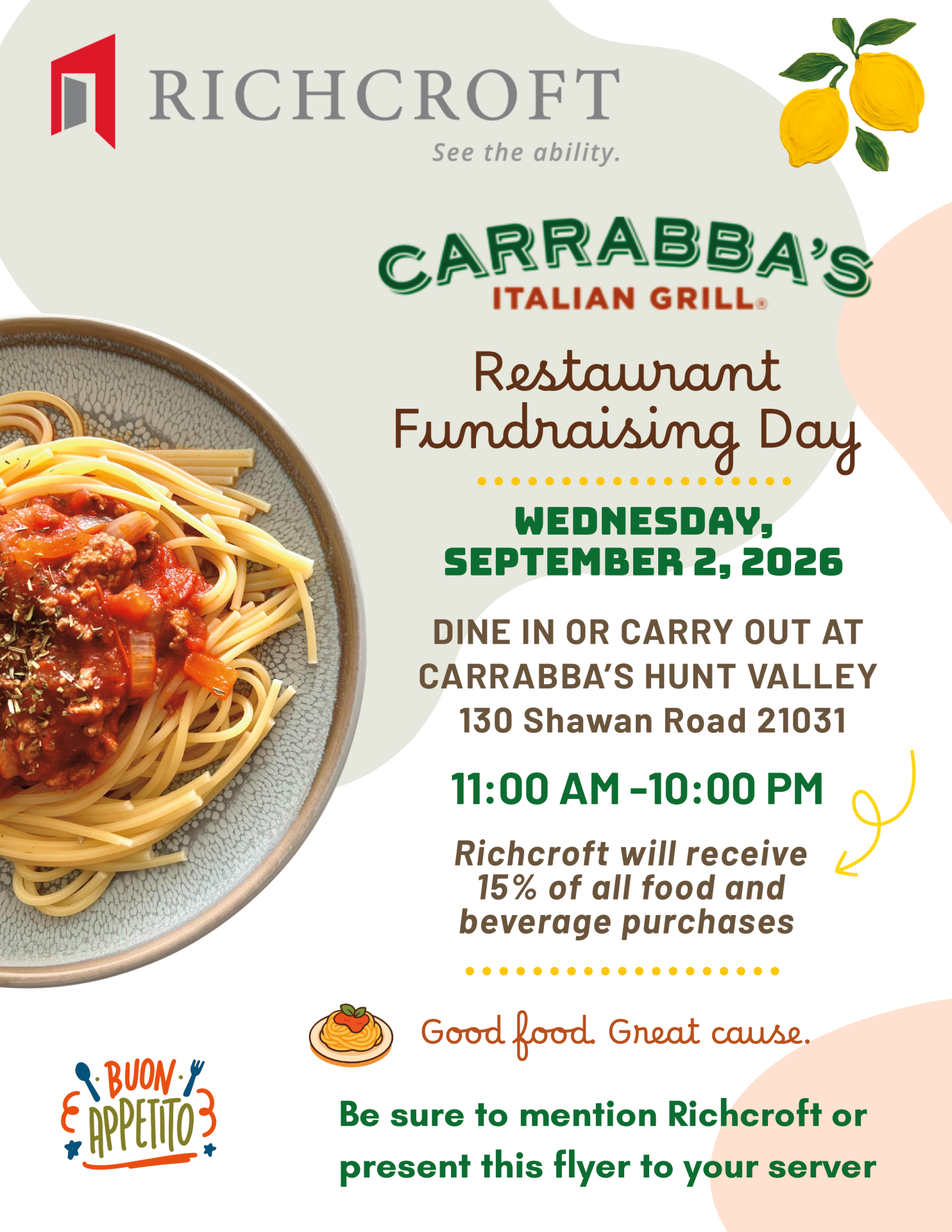 RICHCROFT CARRABBA'S FUNDRAISER 9 2 26 Flyer for restaurant fundraiser at Carrabbas to benefit Richcroft; images of plate of spaghetti and lemons