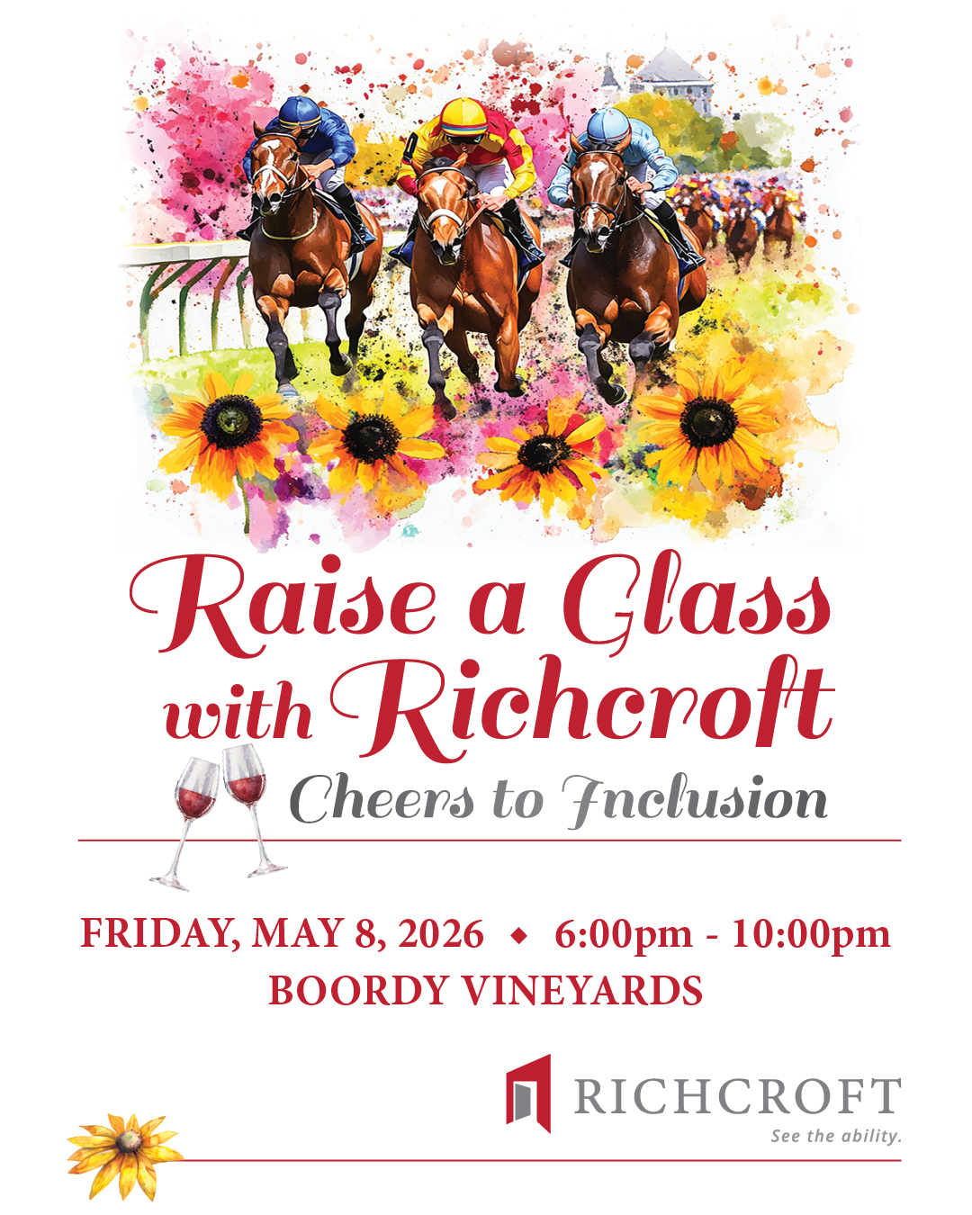 Graphic with 3 horses and jockeys racing with black-eyed susan flowers underaneath
