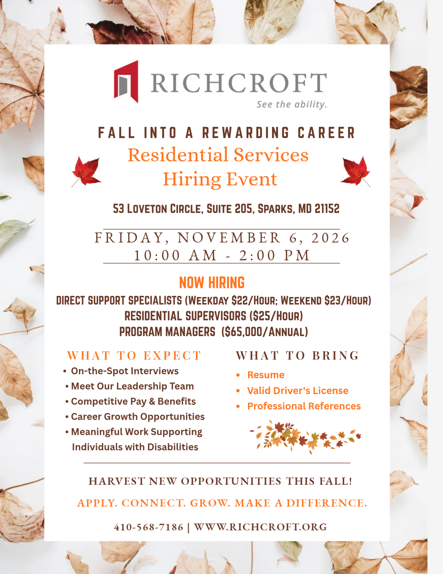 Residential Hiring Event 11.6.26 Hiring Event Flyer with Fall Leaves and Colors