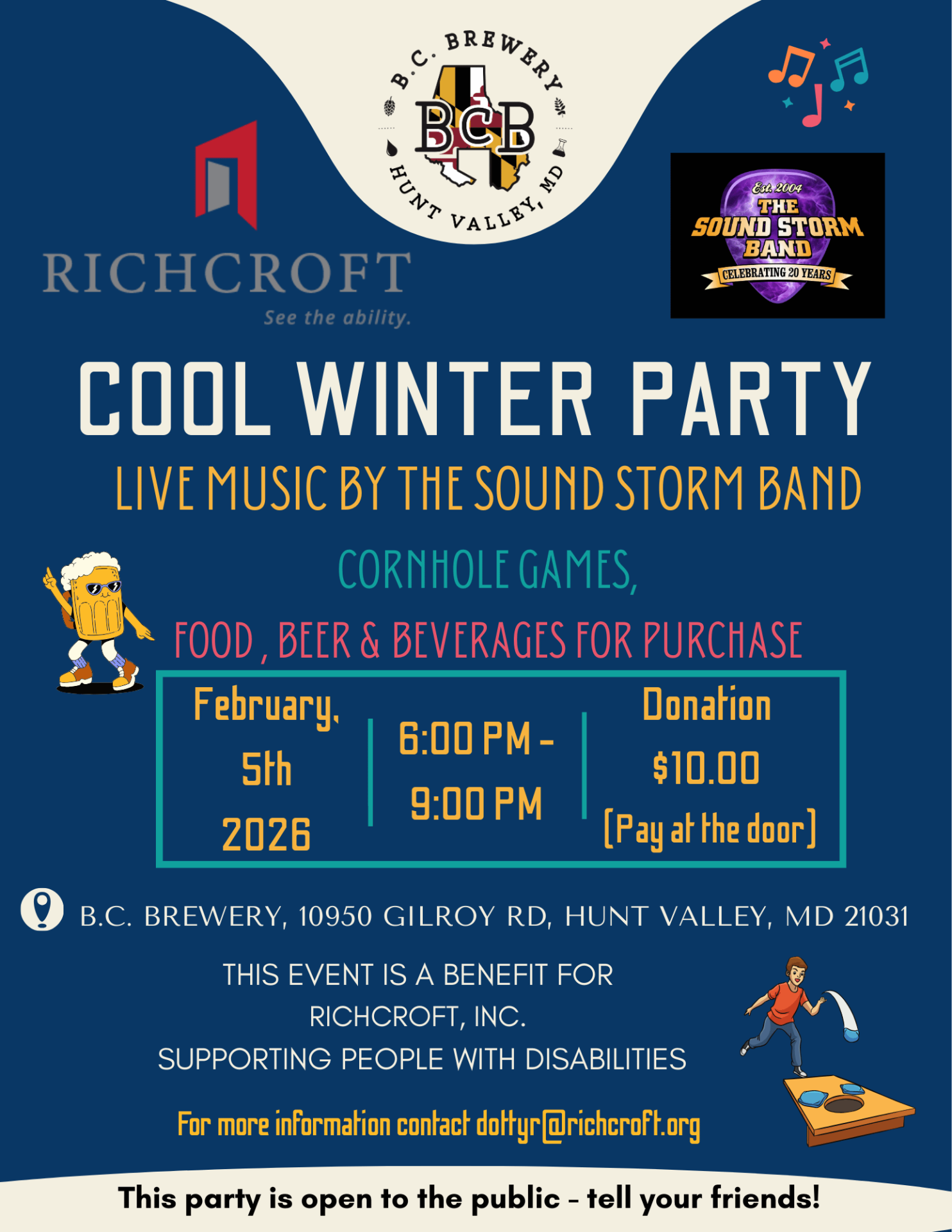 Event Flyer with 3 logos and information for winter party on February 5, 2026
