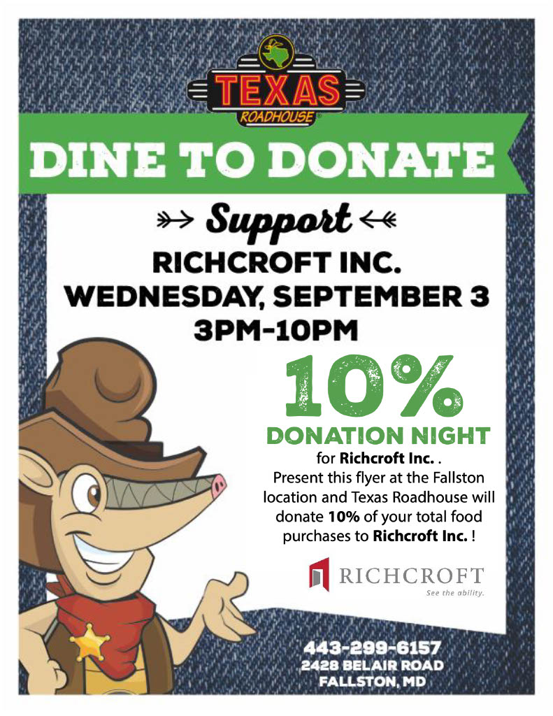 A flyer advertising Dine to Donate at Texas Roadhouse to benefit Richcroft
